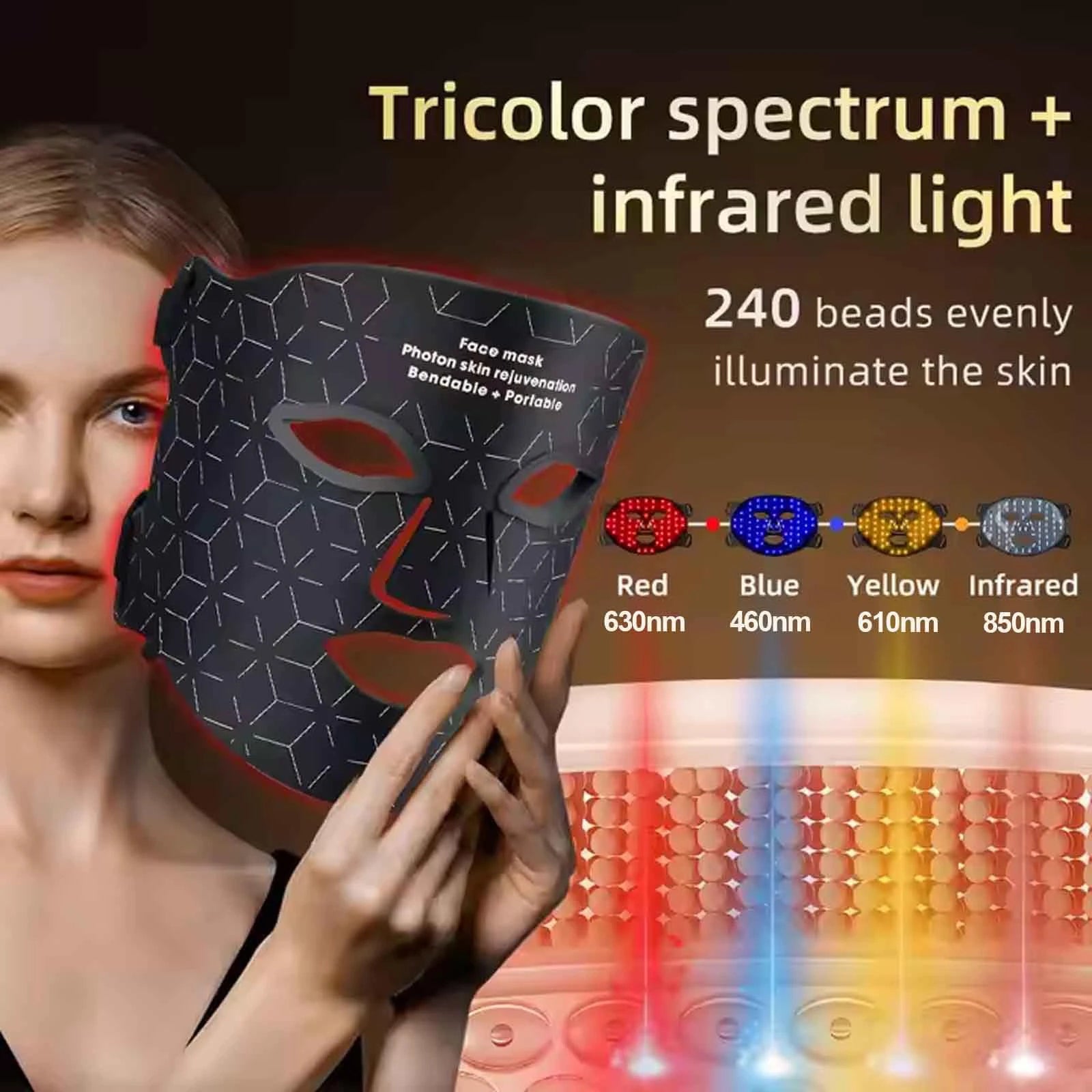Facial Red Light Therapy Mask – 630nm & 850nm LED Anti-Aging Treatment - Auraskinn